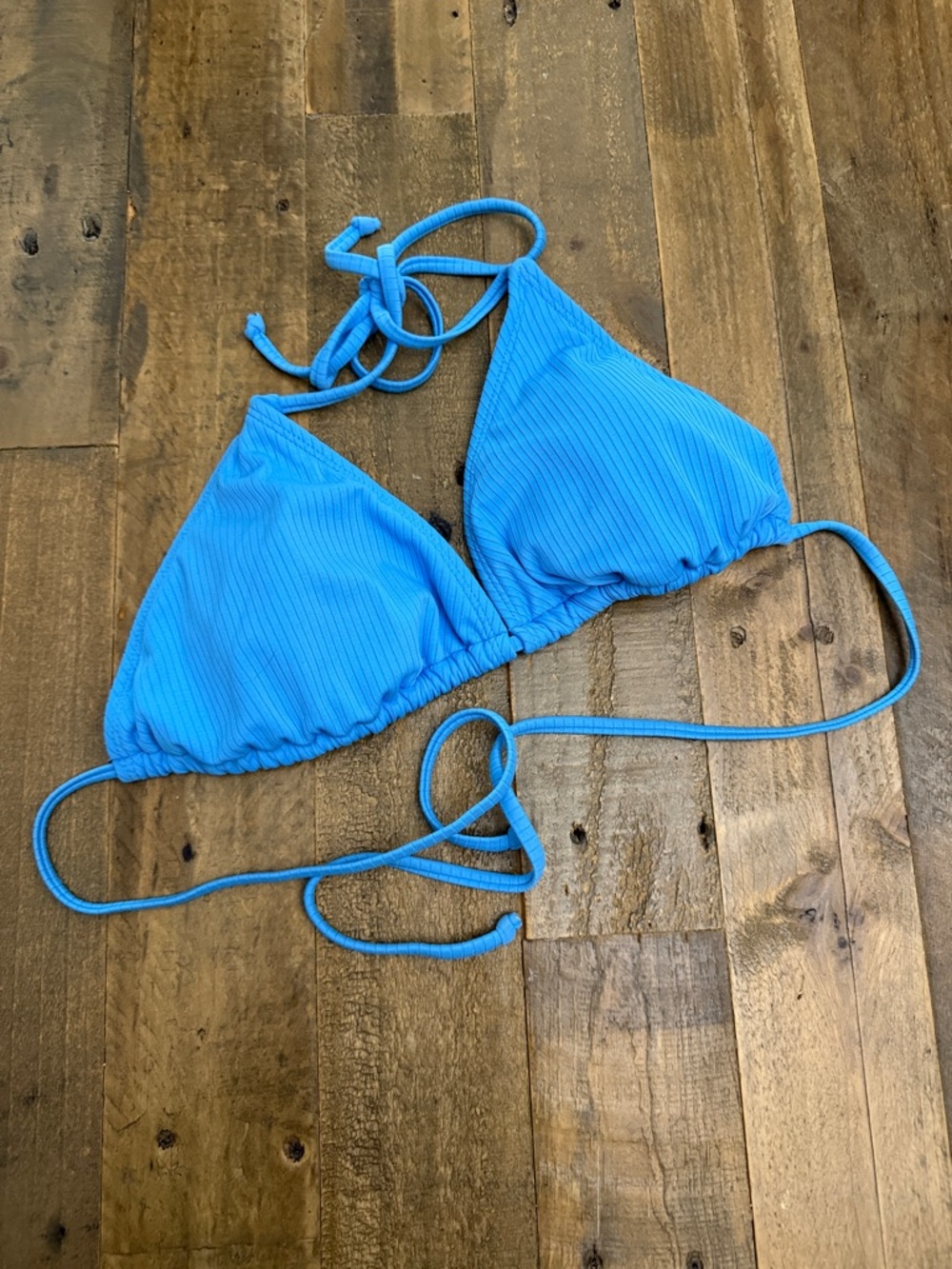 Blue Ribbed Triangle Bikini Top